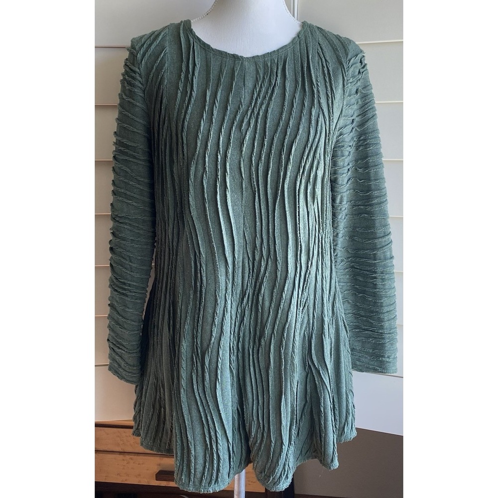 TOOFAN Sz S Sage Green Textured A-Line Tunic Shirt Top‎ Funky Art-to-Wear Artsy